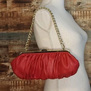 Metro 7 Faux Red Leather and Gold Chain Clutch / Shoulder Bag